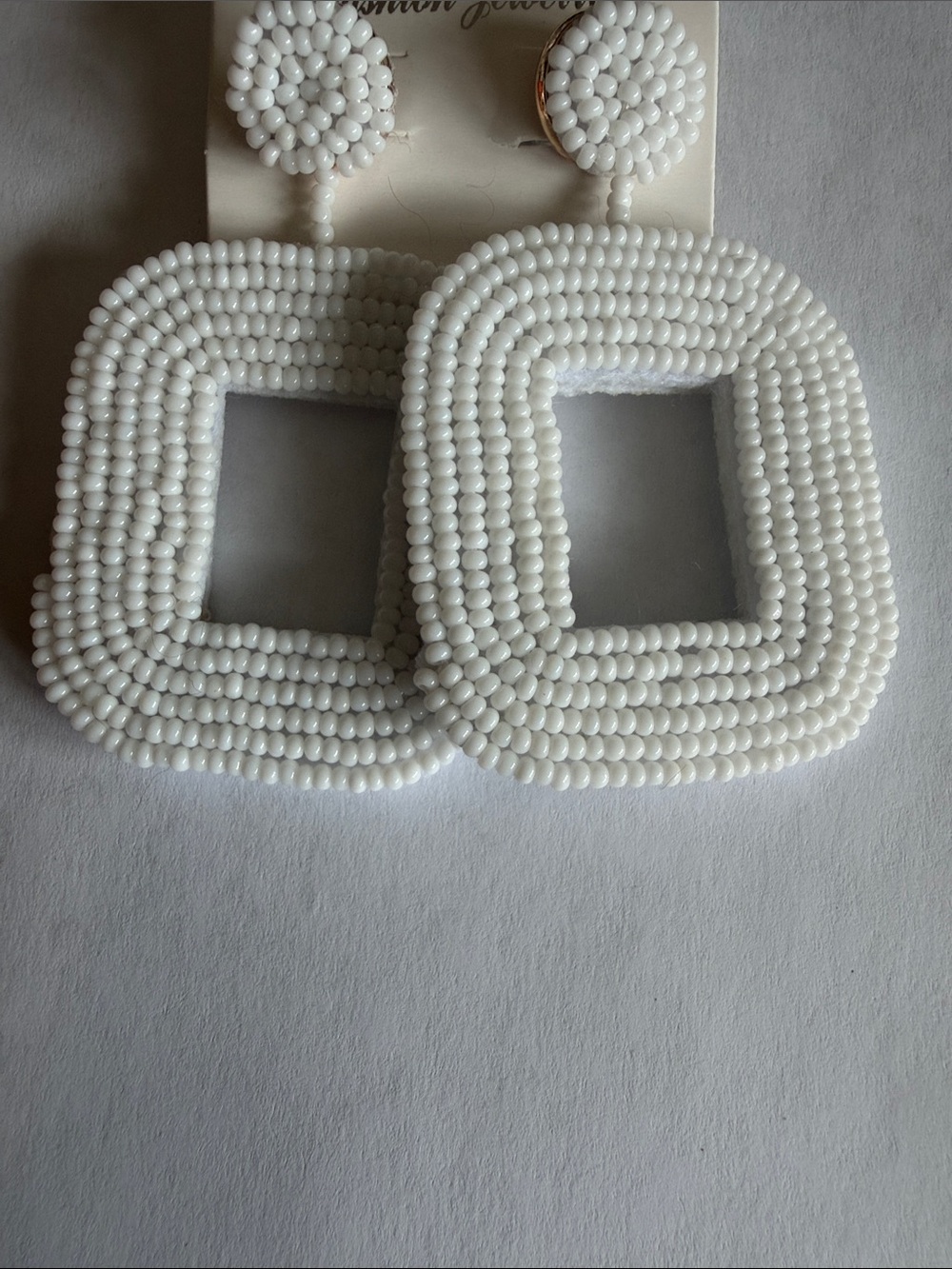 White Beaded Square Statement Earrings